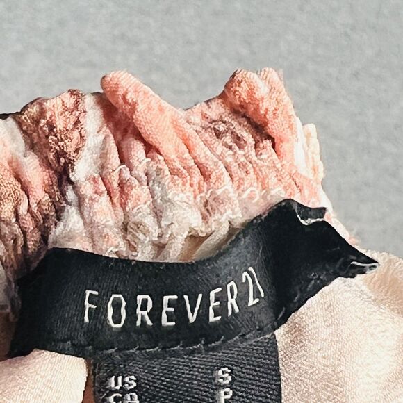 Forever 21 Womens Small Beige Print Crop Top Tie Strap Smocked Boho Coquette - Picture 10 of 12